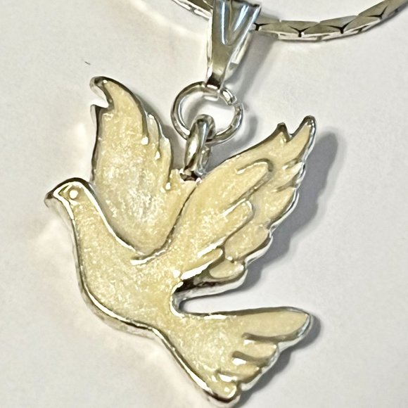 Silver White Dove Bird Pendant Necklace Plated 18" Enamel Holy Spirit Peace - Picture 6 of 11